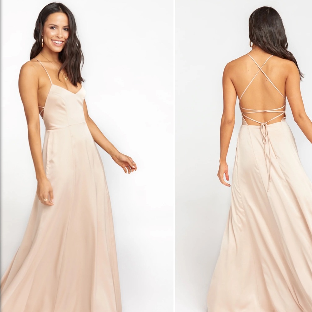 WORN ONCE! Show Me Your Mumu Godshaw Bridesmaid Dress, XS, Champagne Luxe Satin
